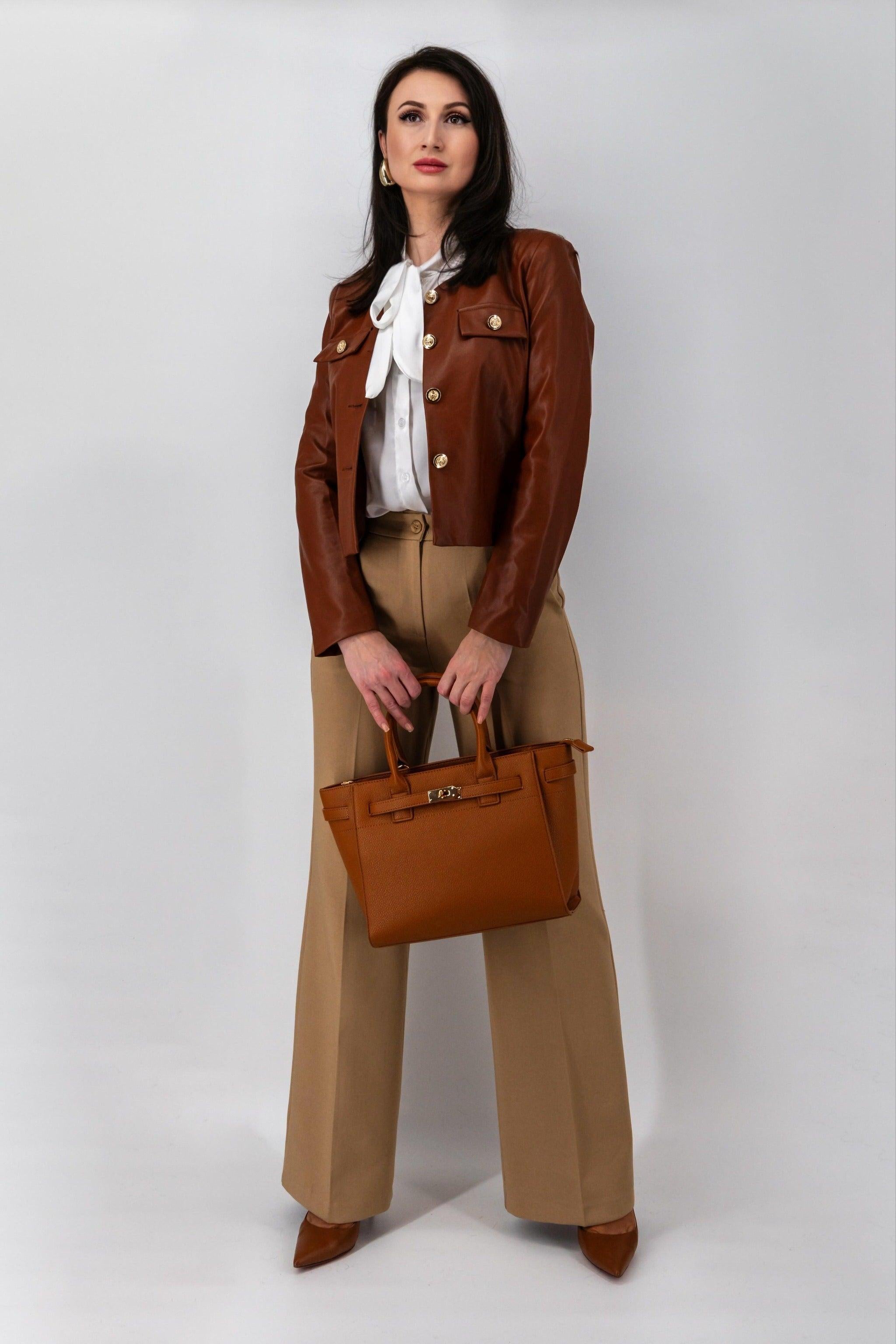 Cognackleurig cropped jasje in imitatieleer-MyEssentials