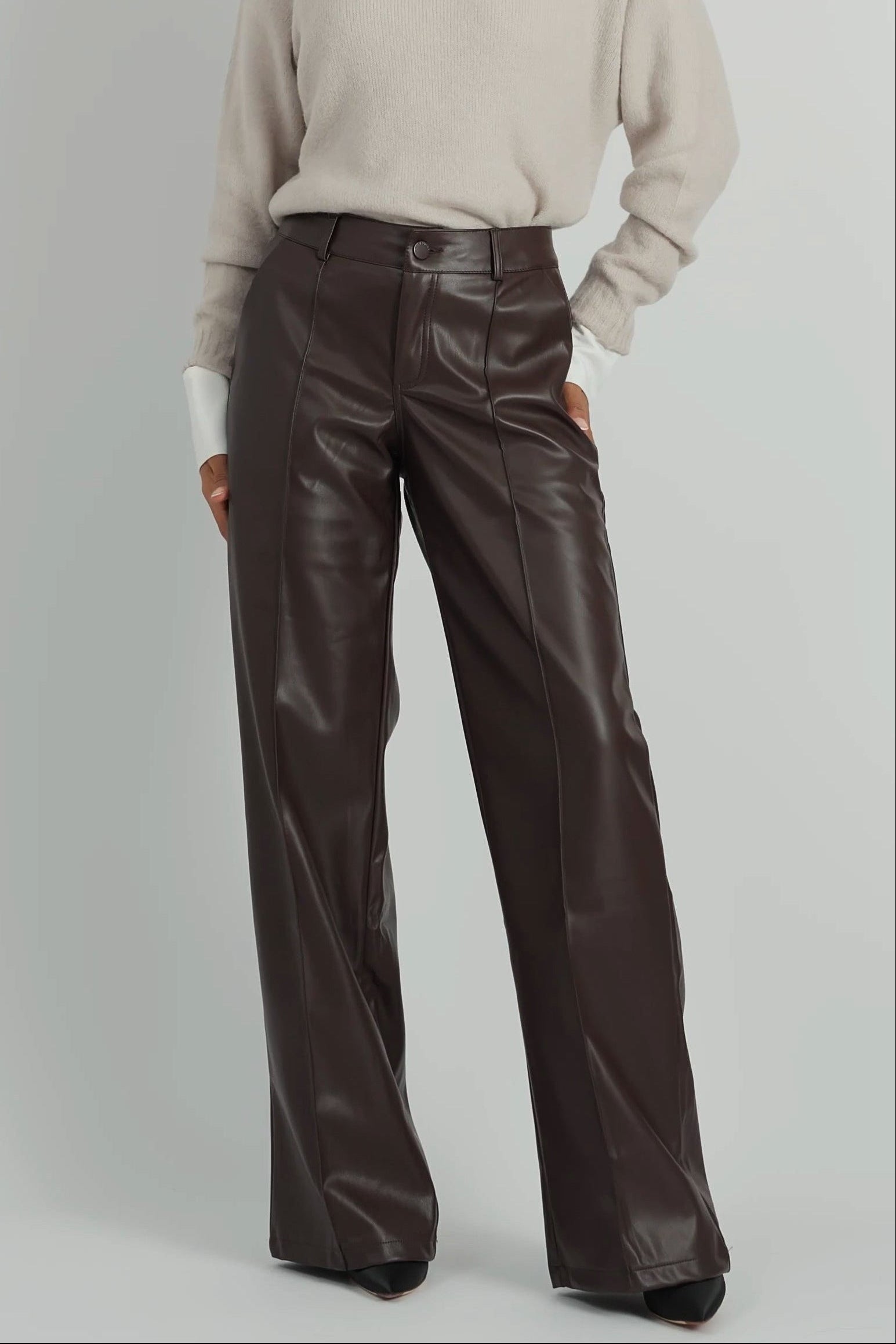 Donkerbruine wide leg broek in imitatieleer-MyEssentials