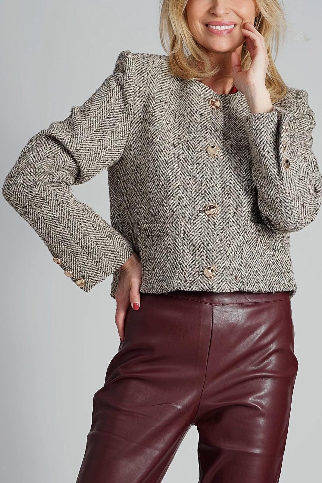 Taupe tweed jasje met zilveren pailletten en gouden knopen-MyEssentials