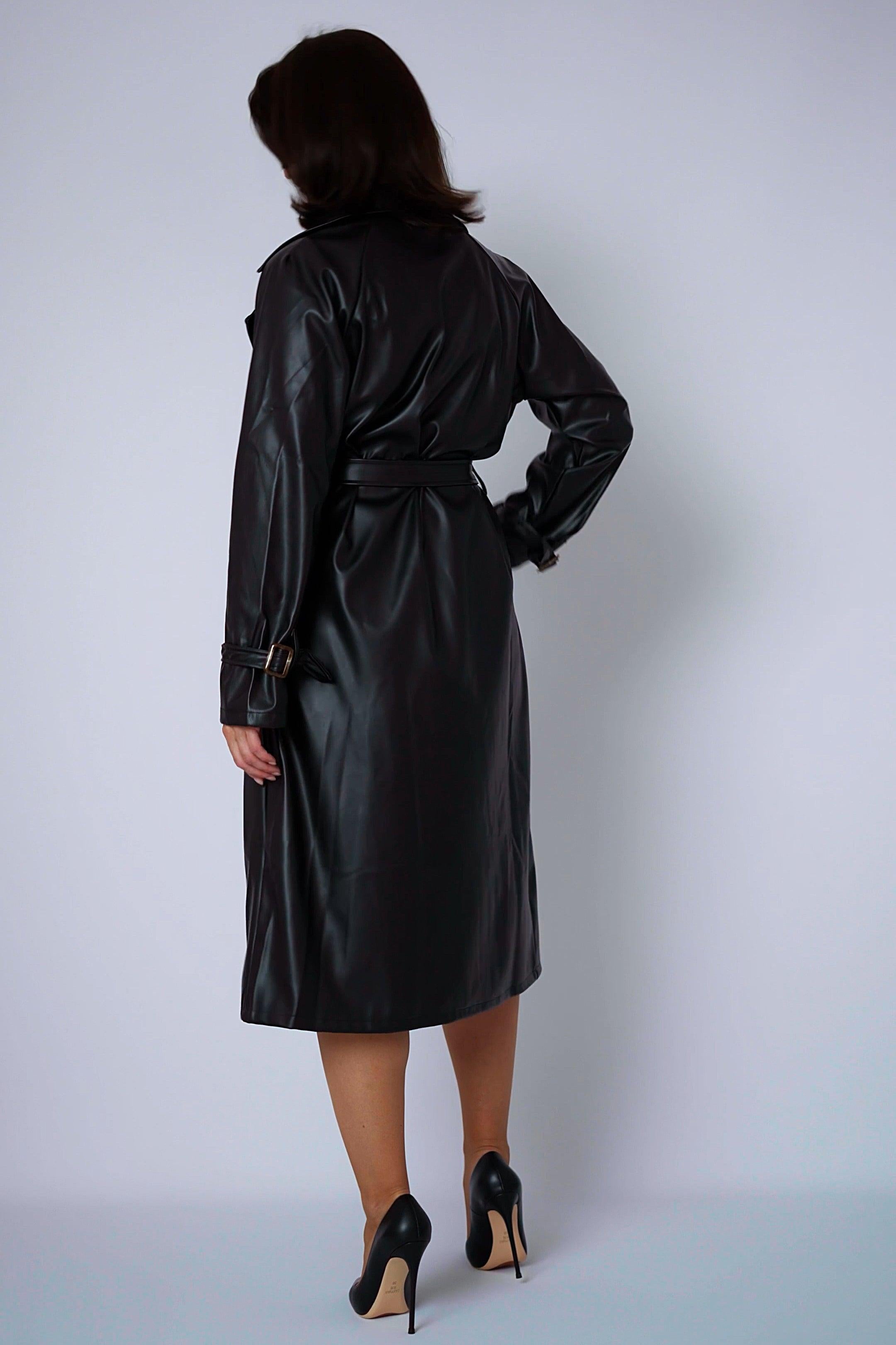 Zwarte trenchcoat in imitatieleer-MyEssentials