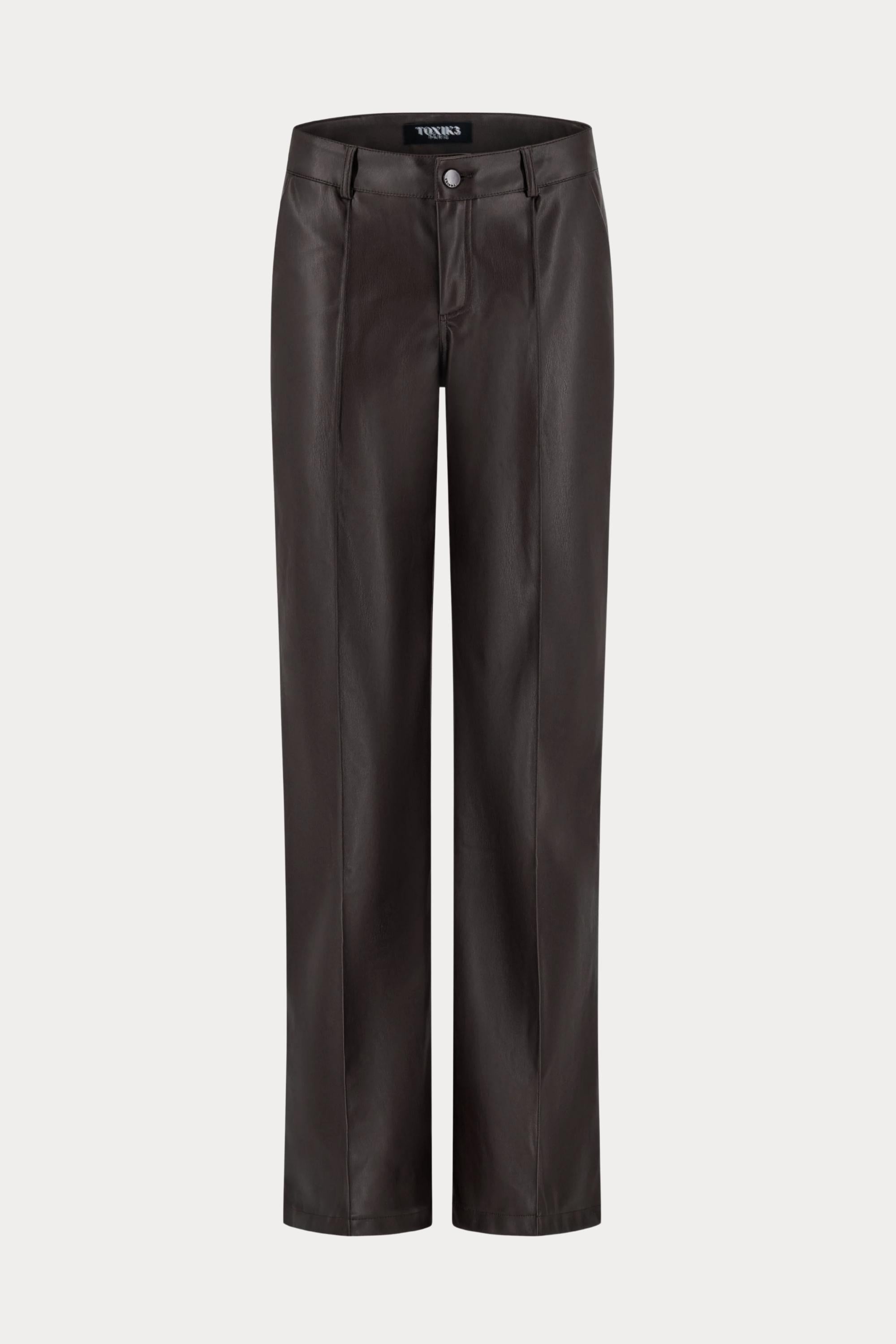 Donkerbruine wide leg broek in imitatieleer-MyEssentials