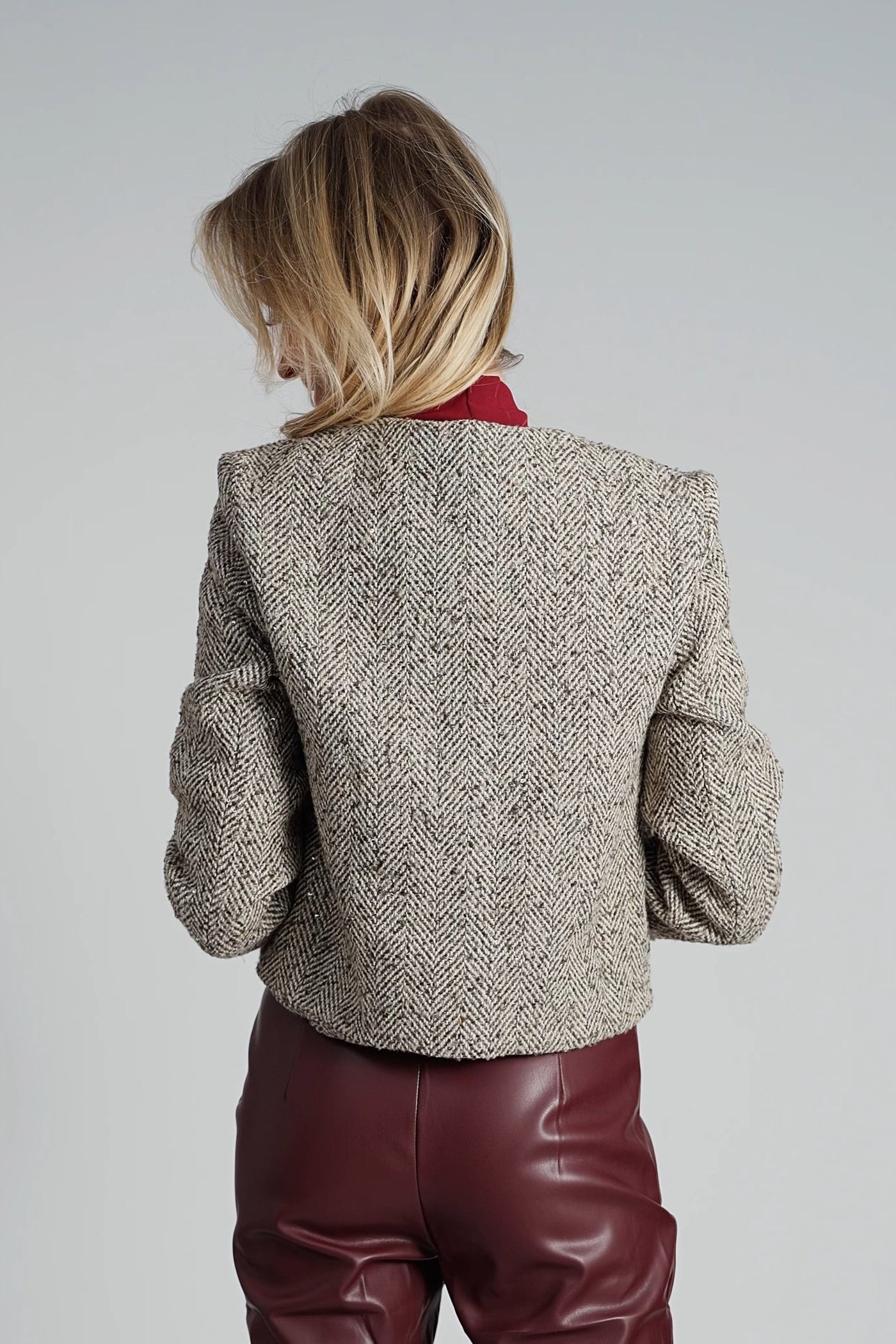 Taupe tweed jasje met zilveren pailletten en gouden knopen-MyEssentials