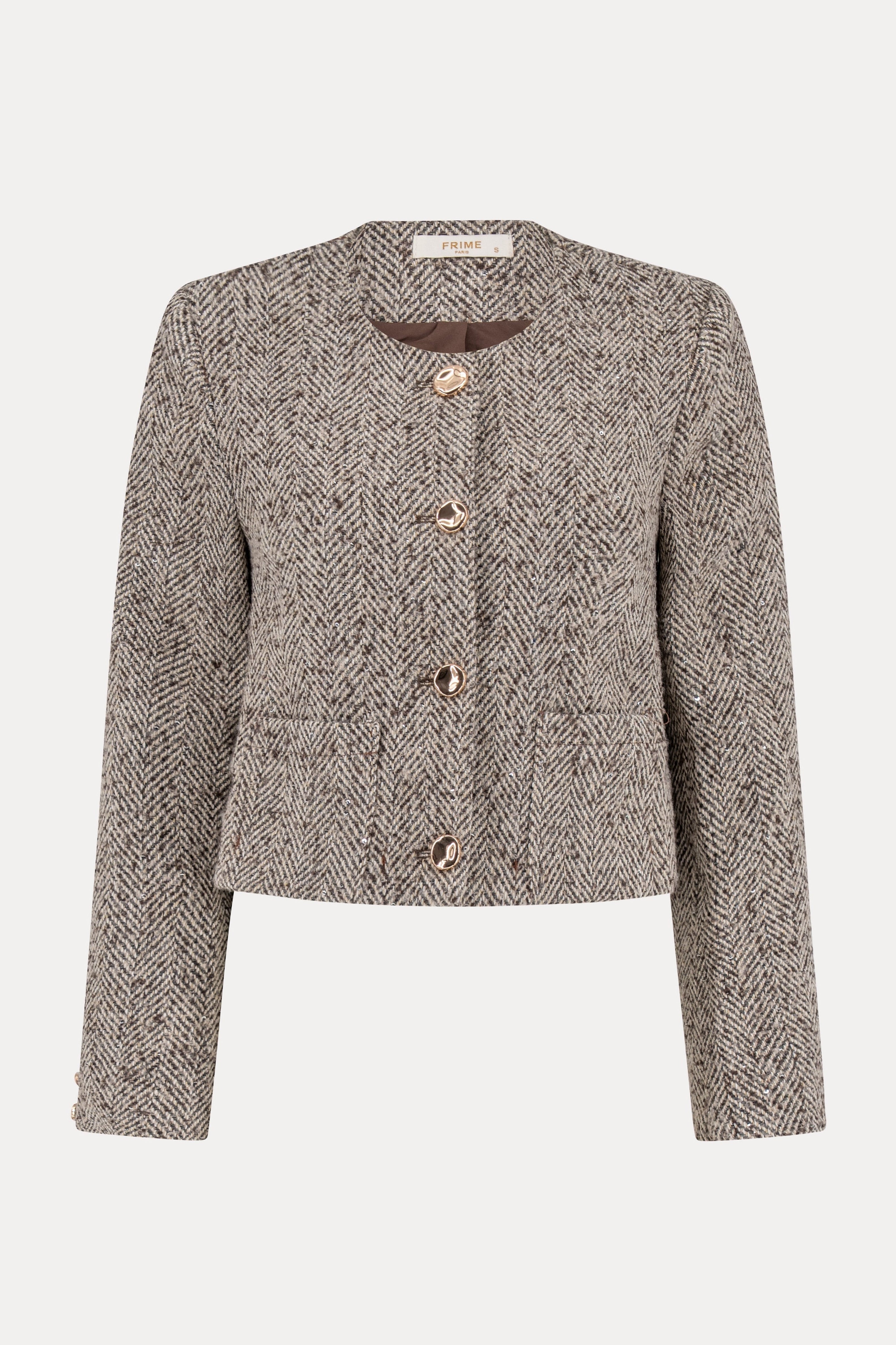 Taupe tweed jasje met zilveren pailletten en gouden knopen-MyEssentials