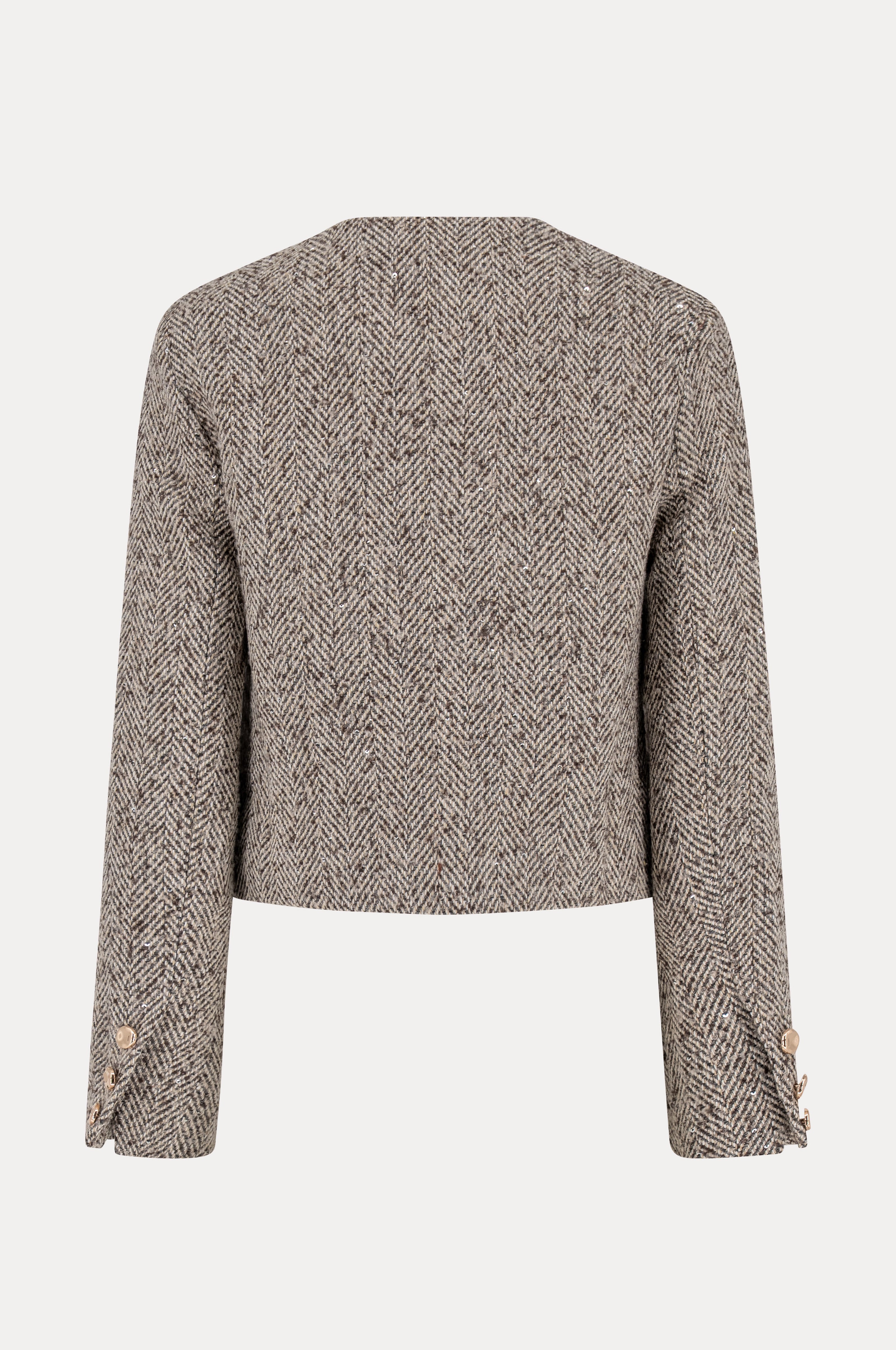 Taupe tweed jasje met zilveren pailletten en gouden knopen-MyEssentials