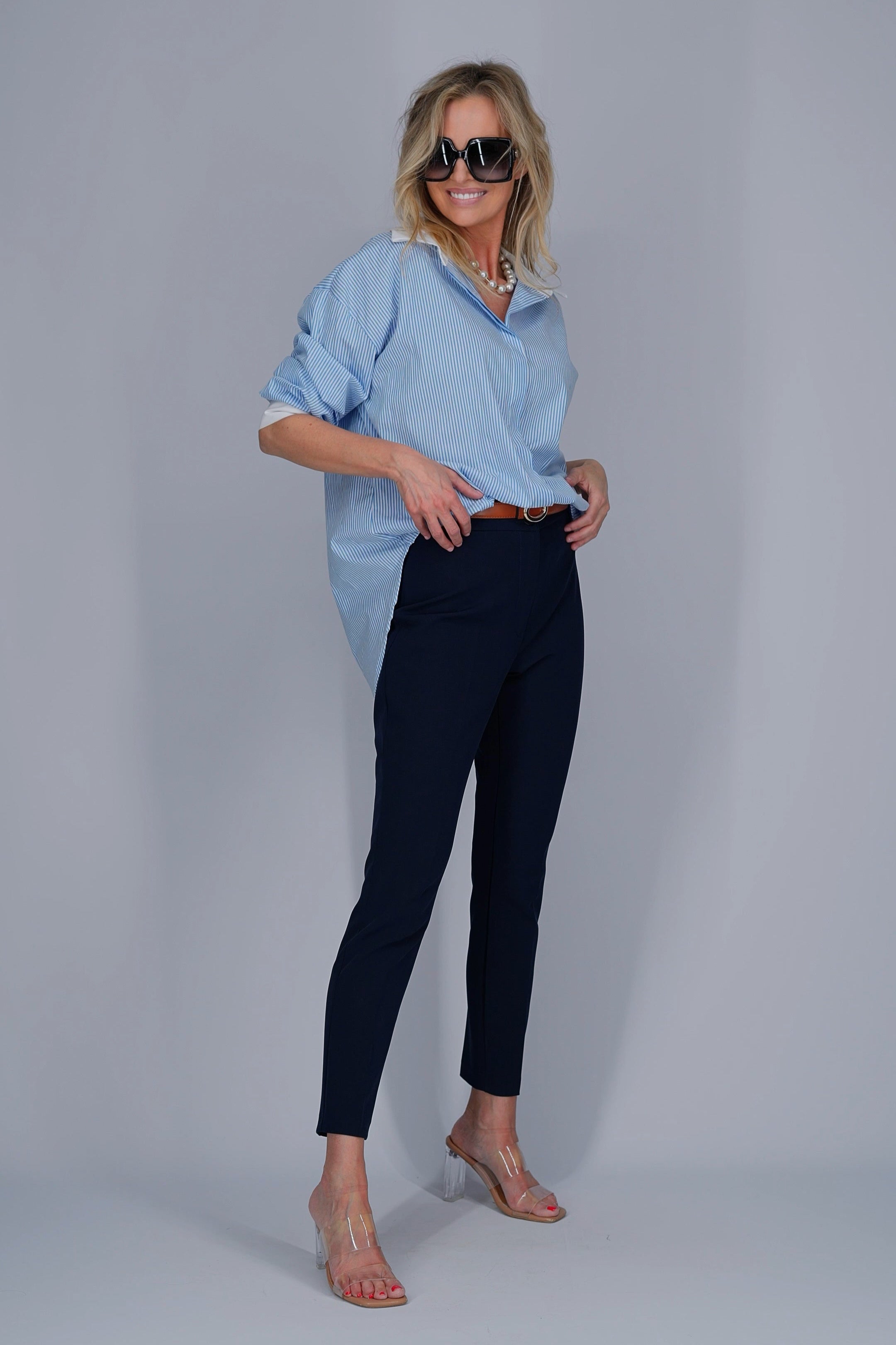 White and blue oversized striped shirt with white collar and cuffs