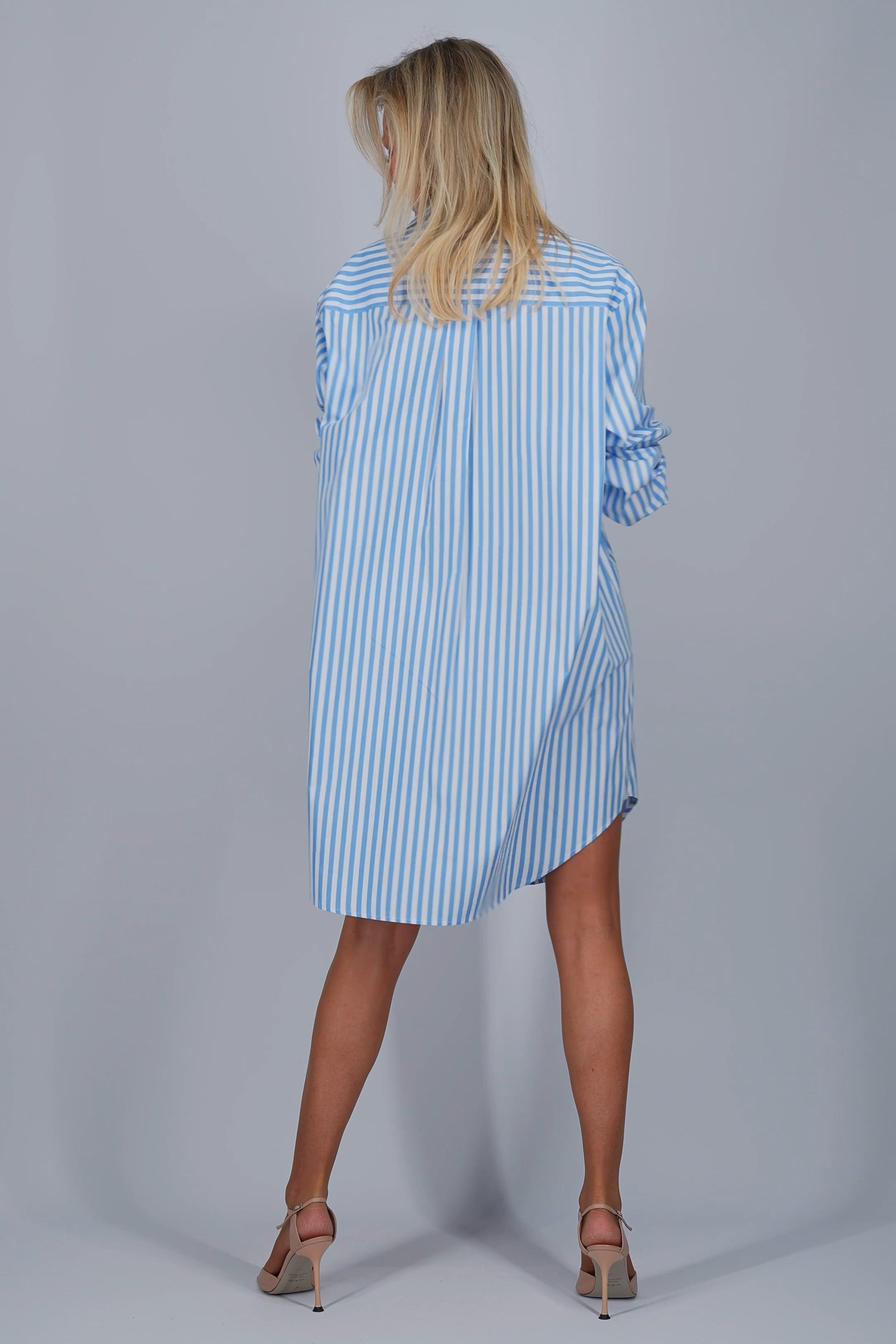 white and light blue shirt dress