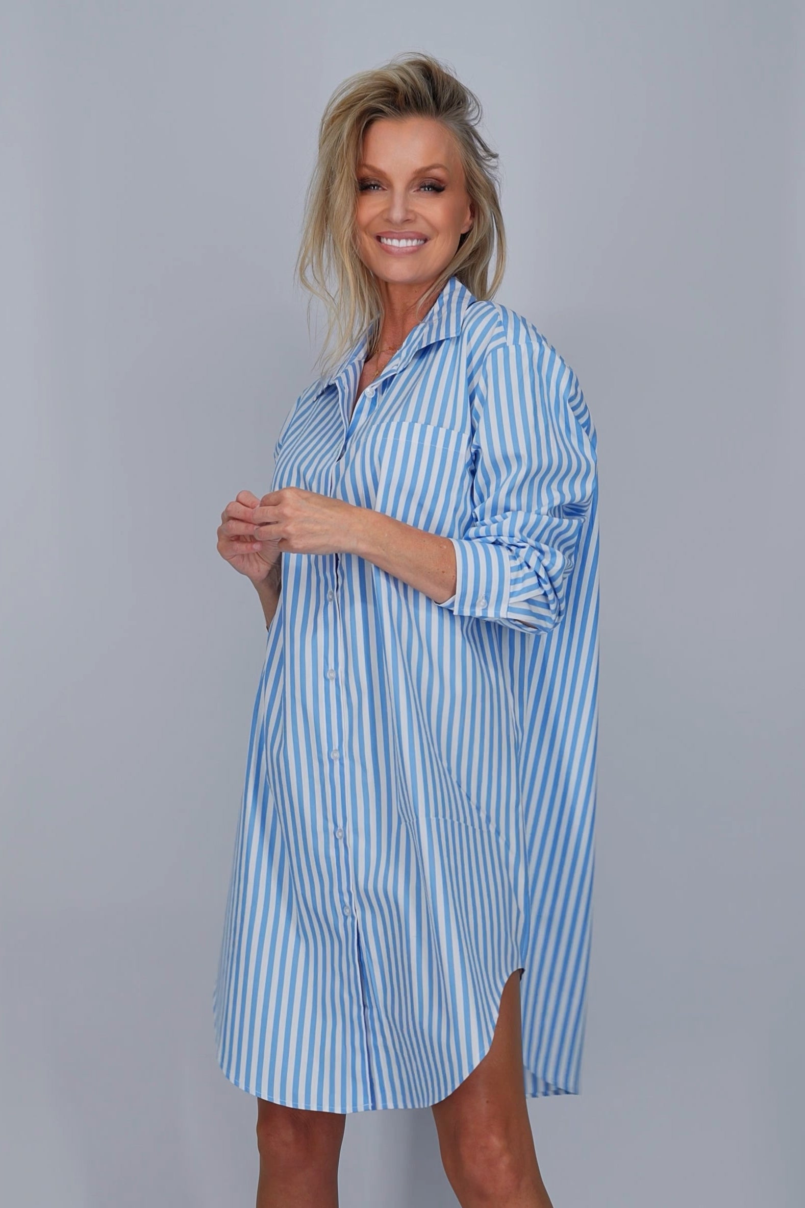 white and light blue shirt dress