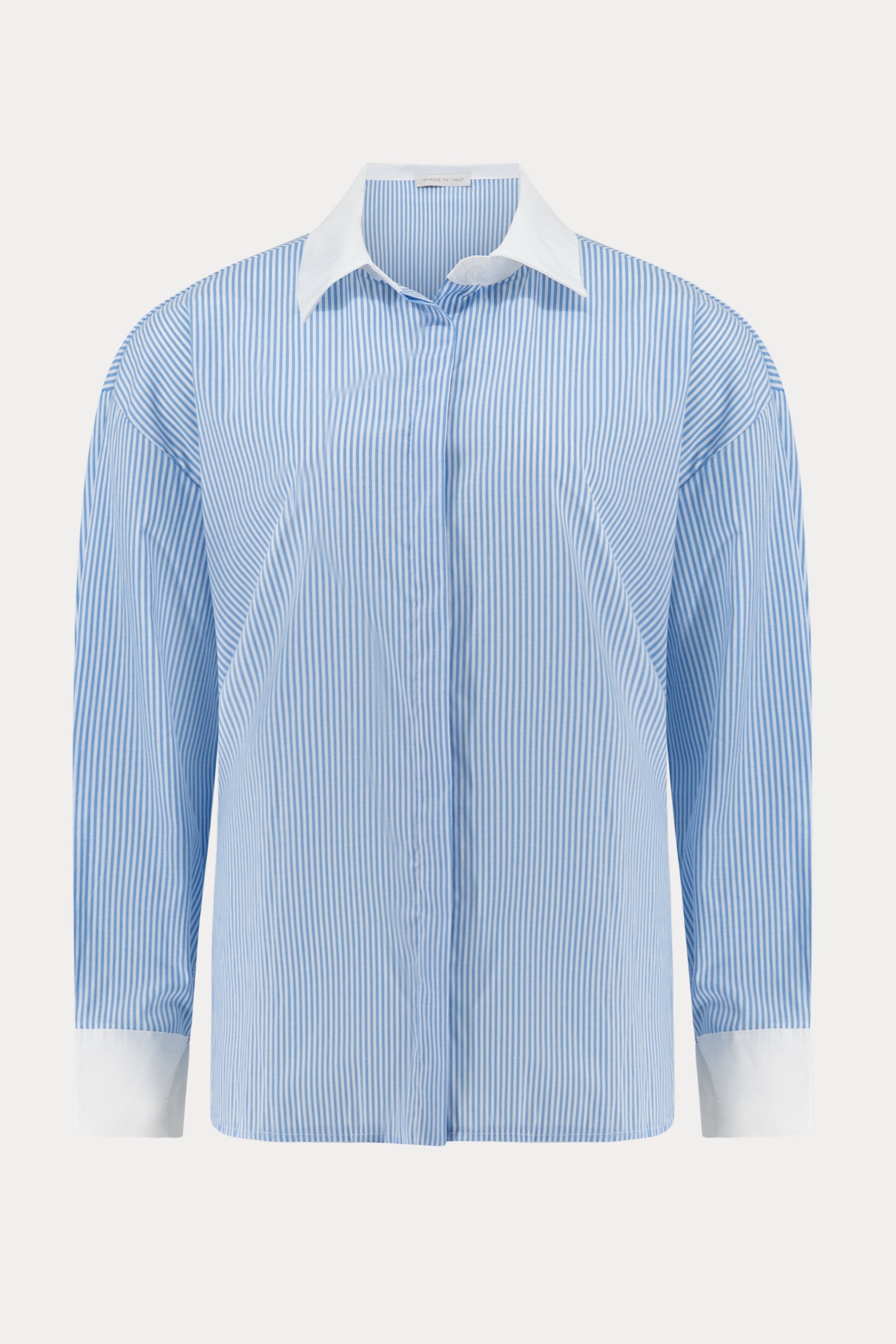 Wit-blauw gestreept hemd met witte kraag en manchetten-MyEssentials